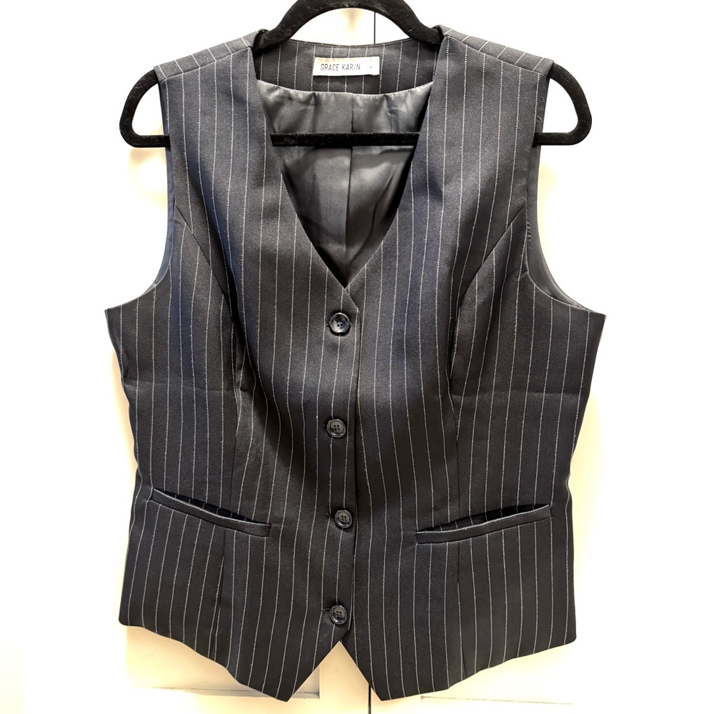 Grace Karin black pinstripe suit vest, size L